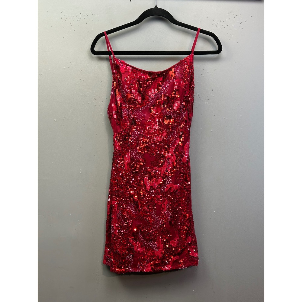 Aleta Mini Dress Women 2 Red Sequin Bodycon Cocktail Party Spaghetti Strap Glitz